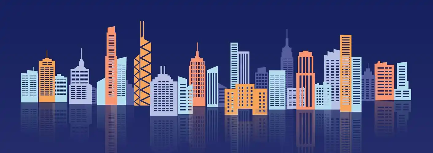 深蓝背景城市建筑矢量元素插图