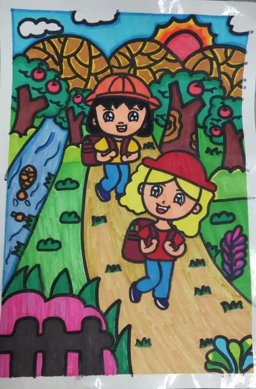 儿童画,放学回家的路上
