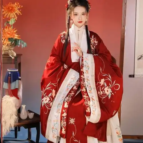 原创汉服女明制长袄立领对襟汉元素红色重工刺绣秋冬装