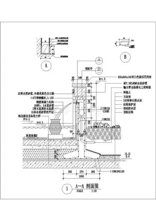 图一本工程为:某地水景独特景墙大样详图,包含:平面图,立面图,剖面图