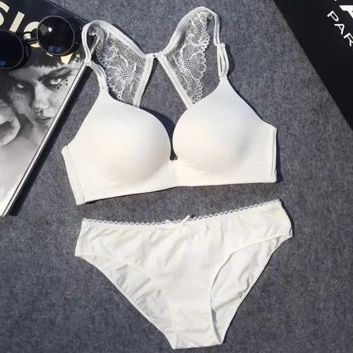 夏季性感薄款白色蕾丝美背文胸套装少女光面无痕无钢圈隐形大内衣