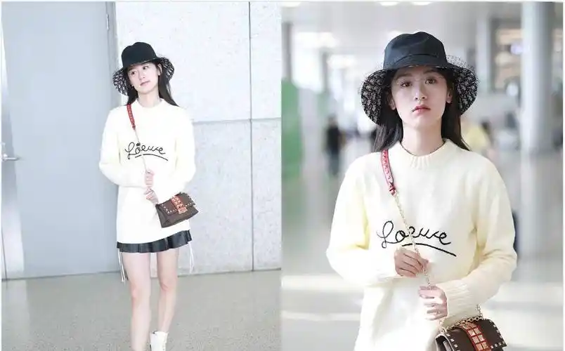 她演张艺兴老婆被观众熟知,今穿针织衫配皮裙,戴渔夫帽乖巧可爱