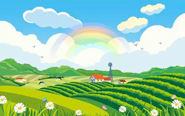 乡村户外绿色农场耕地农耕卡通手绘插画牛涂鸦素材田野草地花乡村乡村