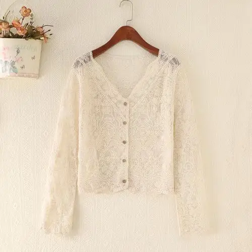 蕾丝开衫女领外春夏季网纱上衣外穿洋气短款镂空蕾丝衫