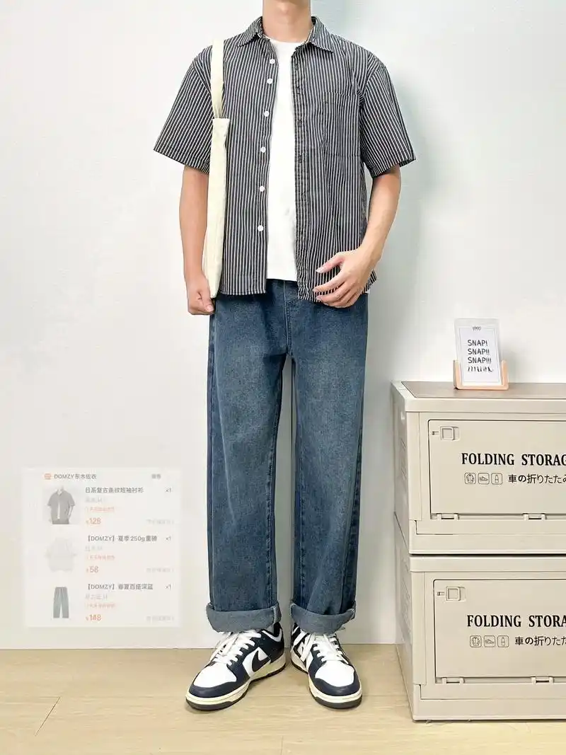 夏日男生ootd|黑色短袖衬衫穿搭分享.黑色与白色相间的条纹 - 抖音