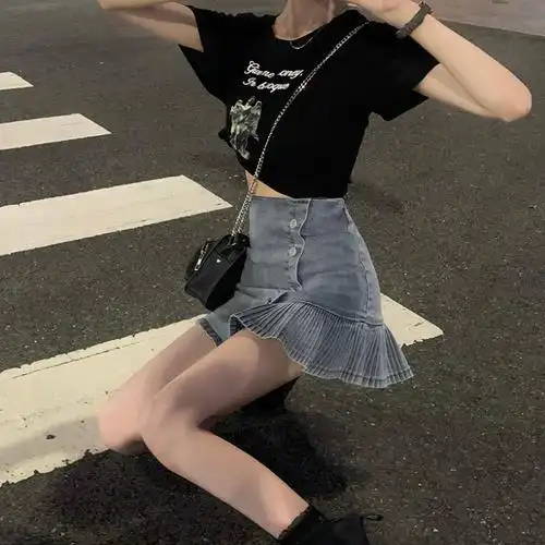 婕秘fruity甜欲穿搭早春高腰显腿牛仔短裙女防走光内衬百褶a字半身裙