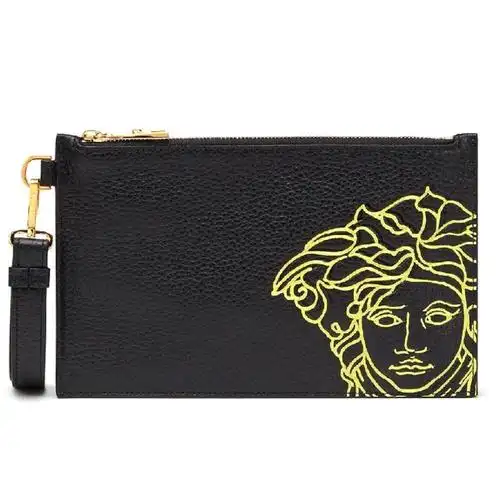 versace范思哲男女黑色美杜莎字母微标印花荔枝纹牛皮手拿包