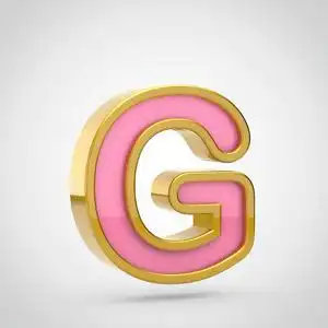 3d 渲染粉红色字体与金色轮廓白色背景, 大写字母 g照片