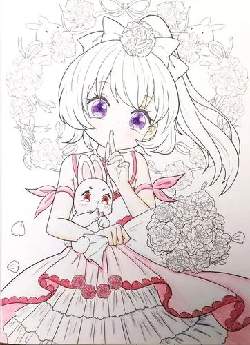 彩铅画涂色女孩和康乃馨祝妈妈生日快乐