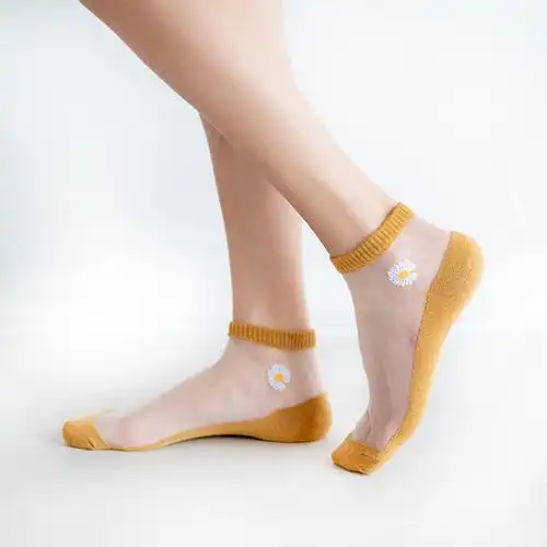 新品丝袜带脚型水晶短袜夏天小雏菊夏季薄款玻璃丝短袜