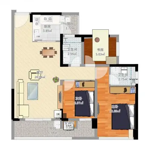 富士嘉园三房两厅c2户型(奇数层)3室1厅3卫1厨88.00㎡户型图