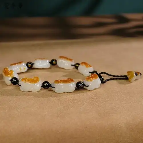 新疆和田玉白玉籽料瑞兽貔貅手串润玉缘手链招财纳福35g