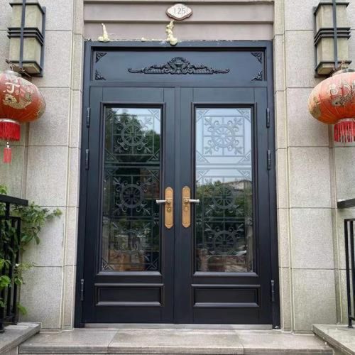 农村别墅大门双开门玻璃门防盗门家用庭院门入户门对开乡村进户门