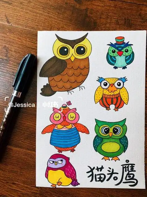 的猫头鹰可爱卡通儿童涂色图片-红豆饭小学生简笔画大全少儿创意美术