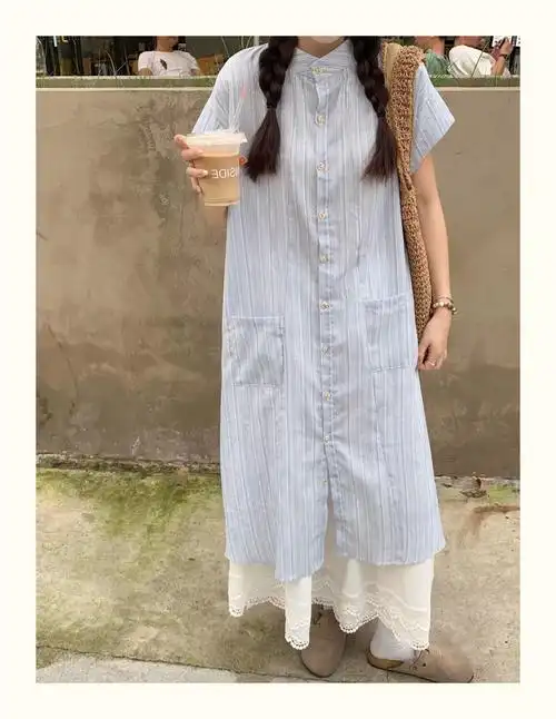 宽松休闲衬衫裙连衣裙女2024夏季新款白色a字半身裙叠穿两件套装 - 17