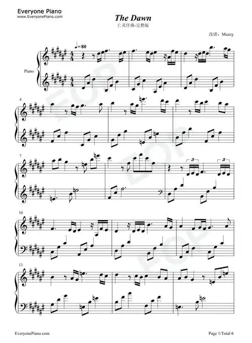 the dawn-完整版-亡灵序曲-钢琴谱文件(五线谱,双手简谱,数字谱,midi