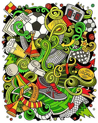 卡通矢量涂鸦足球插画.色彩丰富,细节丰富,有很多对象背景.