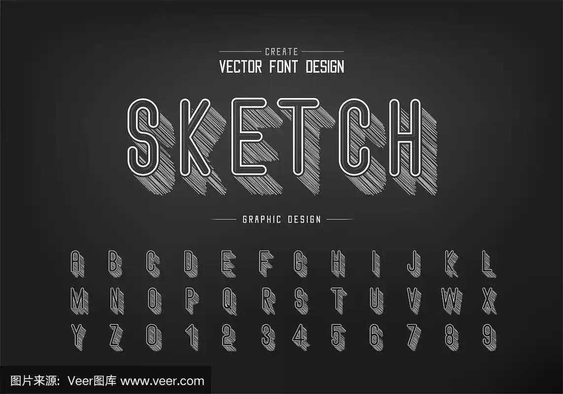 铅笔素描阴影字体和字母向量,粉笔字母风格的字体和数字设计