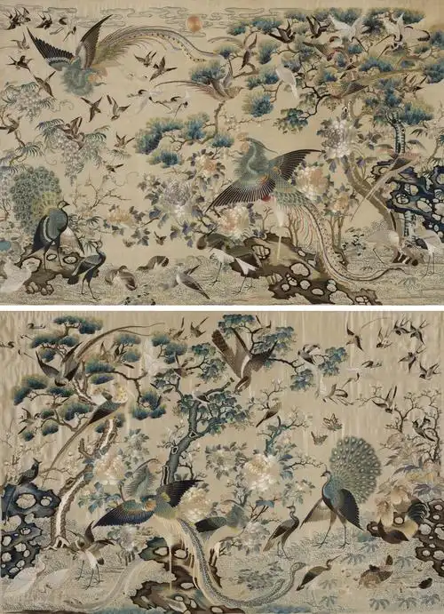 清 粤绣百鸟朝凤挂屏 (一对)