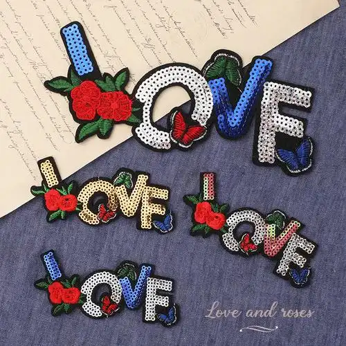 电脑绣花标玫瑰花英文字母亮片徽章标服装辅料衣帽补丁贴刺绣布贴