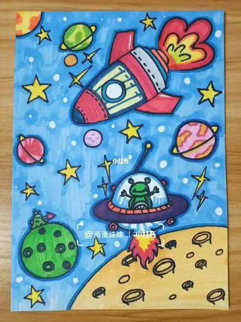 儿童创意卡通画简笔飞去外太空宇宙火箭飞船儿童简笔画 简单版宇宙