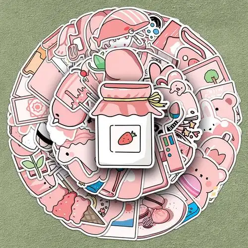 50张粉色ins手账贴纸原创少女心可爱卡通涂鸦行李箱防水装饰跨境