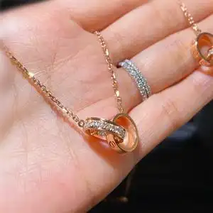 cartier/卡地亚项链 女经典款 love双环镶钻 18k玫瑰金圆环锁骨链