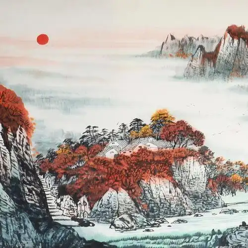 任兰欣《红日高照山河鸿运》70*238cm山水国画