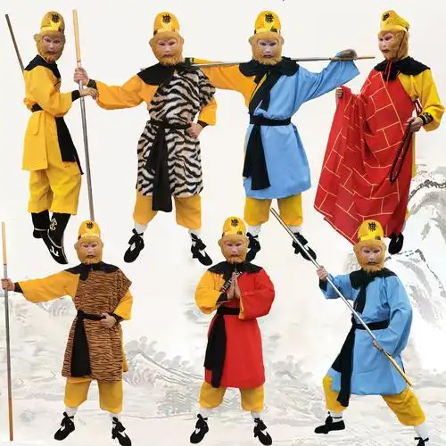 孙悟空演出服装全套黄色行者刺绣衣服成人西游记舞台表演半袖套装