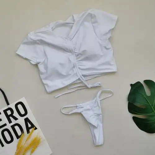 奇异2021新款欧美比基尼抽绳短袖纯色三角性感泳衣女分体泳装2118