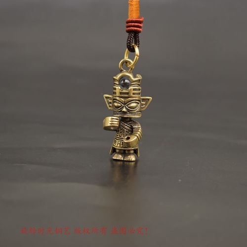 仿古小铜人挂件纯铜雕铸三星堆神官人物摆件实心黄铜香插古玩铜器