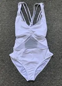 欧美b家新款素色白色镂空半透明性感连体泳衣女聚拢遮肚修身显瘦