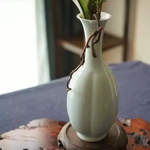 小花瓶插花器皿青瓷禅意陶瓷花器日式花道摆件瓜棱瓶仿宋影青中式