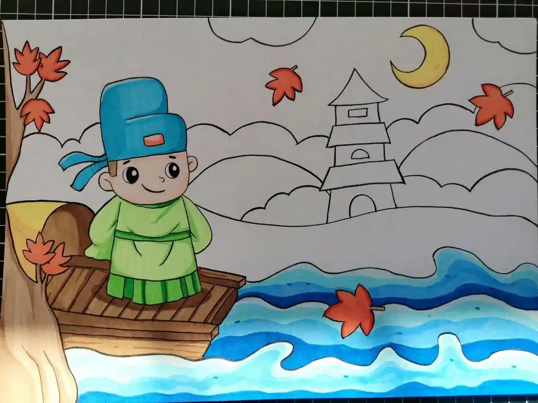 【儿童画——枫桥夜泊】 笔:法卡勒马克笔 纸:a4荷兰白卡350g 图:临摹