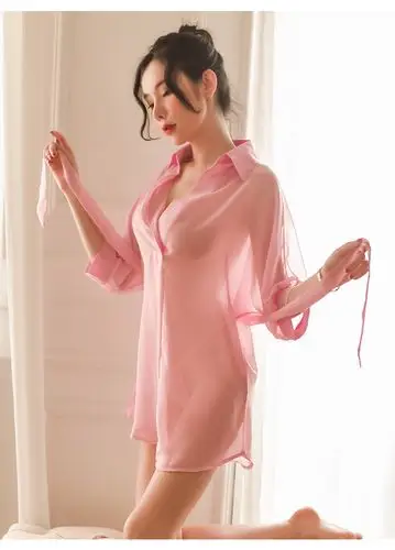 情趣内衣韩版衬衣透视装透明雪纺性感睡衣女夏季长款白色腰带衬衫