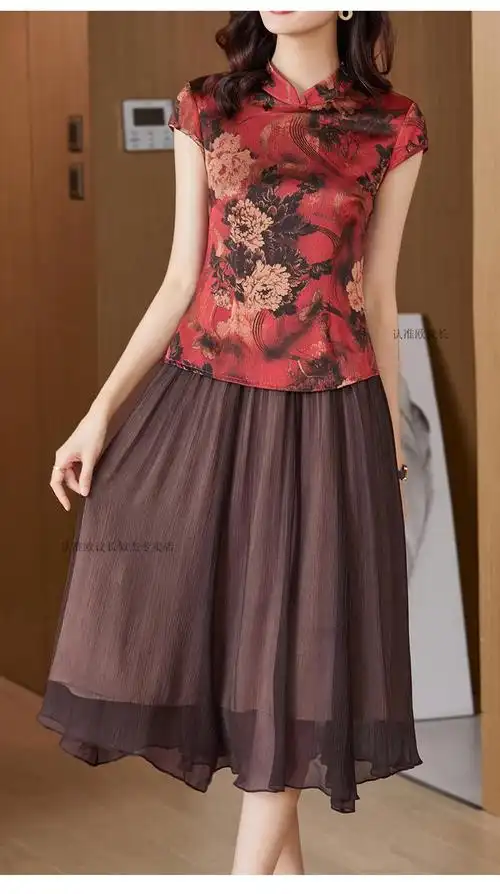 欧议长轻奢女装高端品牌香云纱真丝桑蚕丝上衣两件装女夏装妈妈连衣