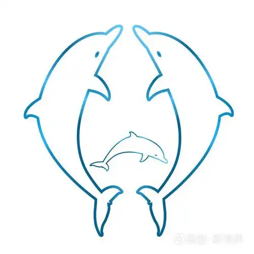 两只海豚跳跃着对方小的蓝色轮廓的海豚其中白色背景上的蓝色的轮廓插