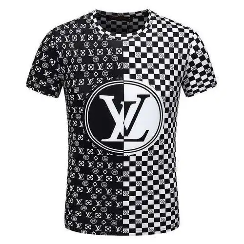 lv短t 2018夏季新款 格纹拼色logo圆领男生短袖t恤 黑白