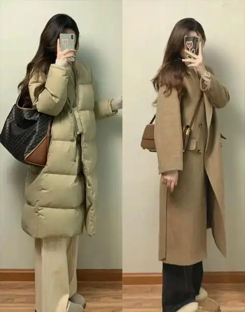 过膝的长款羽绒服,大衣自然是保暖首选,一般情况下大家会选择小脚裤