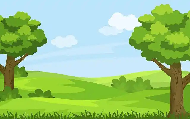 卡通森林插画jpg树林风景扁平草地背景插画蓝天白云唯美风景绿色护眼