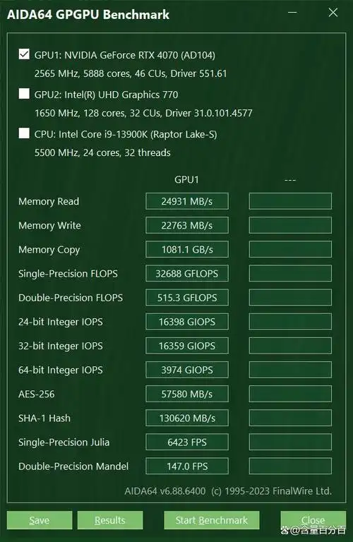 技嘉雪鹰rtx 4070 aero oc 12g在aida64gpgpu benchmark下的测试结果