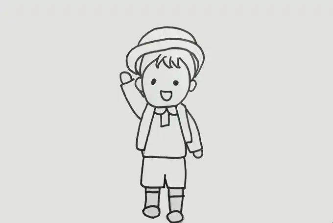 2向下画出小男孩的上半身,左手上举招手,右手向下,肩膀处画出书包肩带