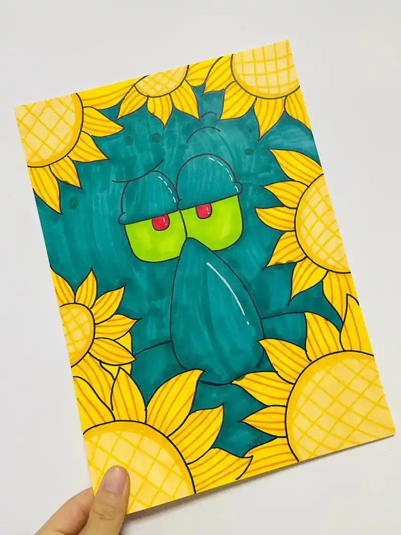 马克笔绘画向日葵章鱼哥附线稿