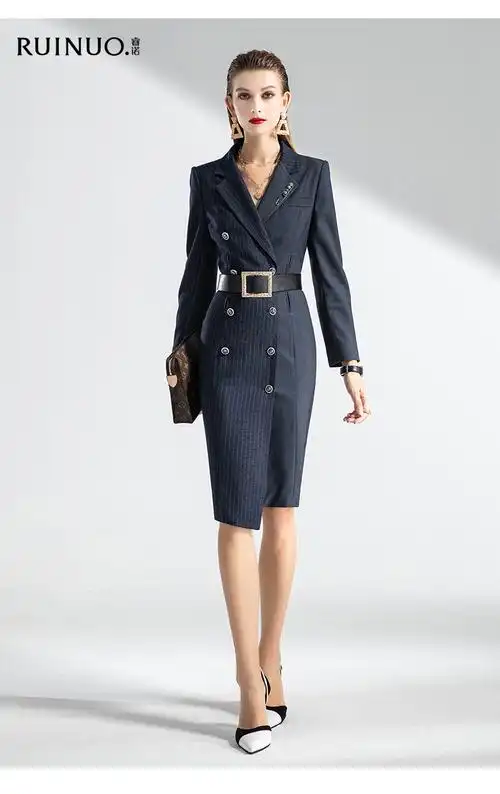 睿诺新款正装连衣裙秋拼接条纹高端职业套裙收腰ol时尚气质西装裙