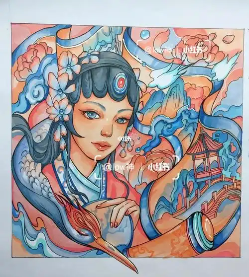 马克笔装饰画传统文化题材