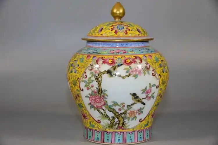 乾清帝王黄珐琅彩描金缠枝莲开窗花鸟将军罐