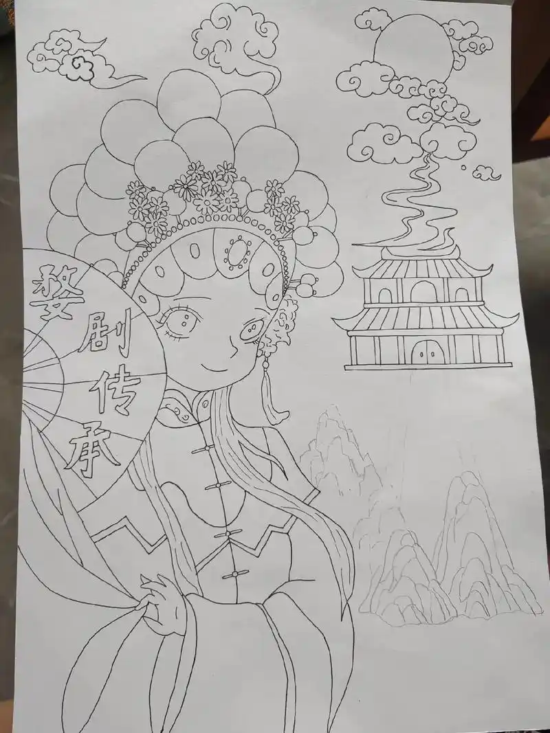 这个暑假老母亲也没闲着#古风人物绘画 #戏曲花旦简笔画 #兴