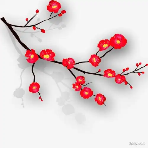 手绘红梅花枝png素材透明免抠图片-动植人物