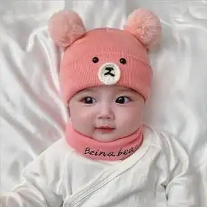 宝宝0-3-6-12个月保暖围脖针织毛线套头帽婴儿帽子秋冬季3-6-12个月女
