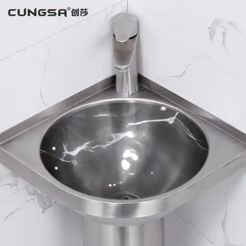 创莎不锈钢洗脸盆卫生间三角形面盆落地式阳台角盆立柱立柱盆